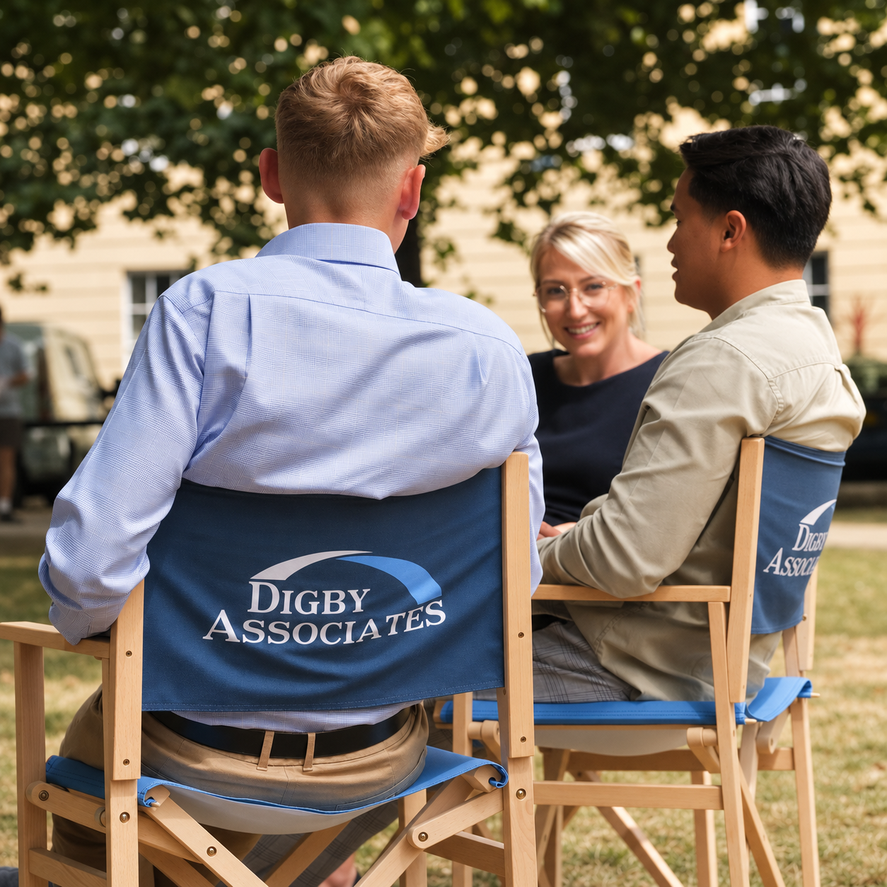 Digby Associates team members seated at an outdoor company event.